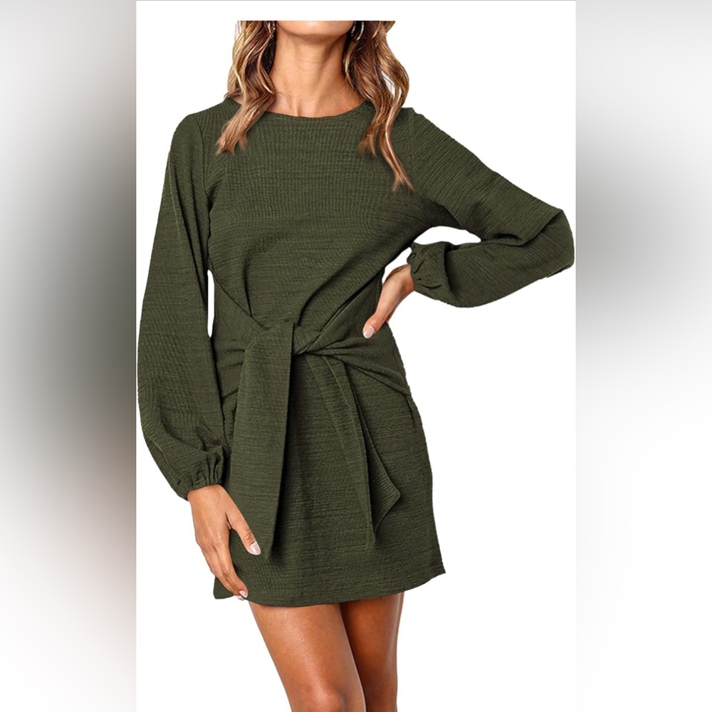 PRETTYGARDEN Women’s Knit Long Sleeve Dress Crewneck Tie Waist Sage Green Size S
